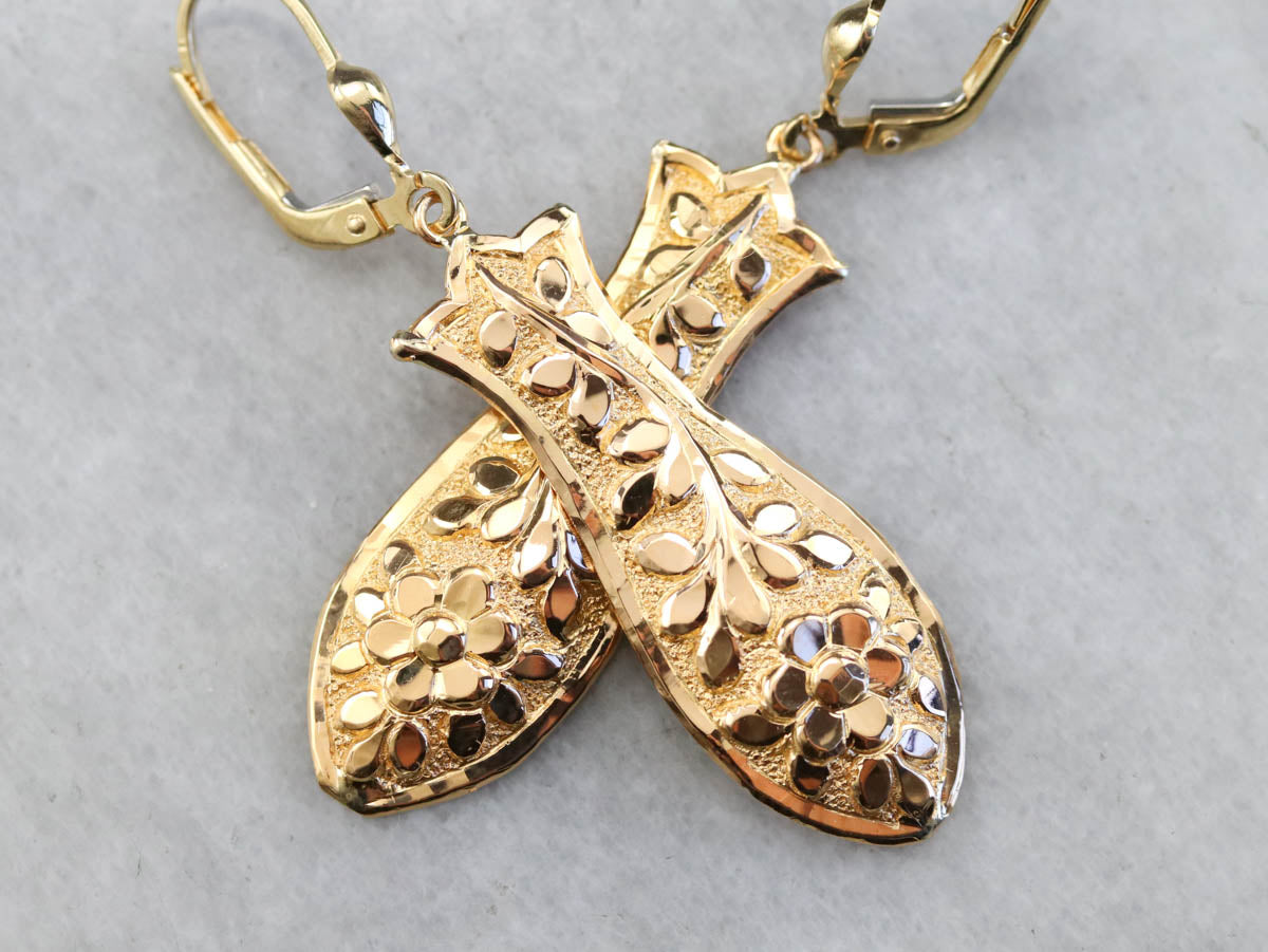 Vintage Yellow Gold Floral Drop Earrings