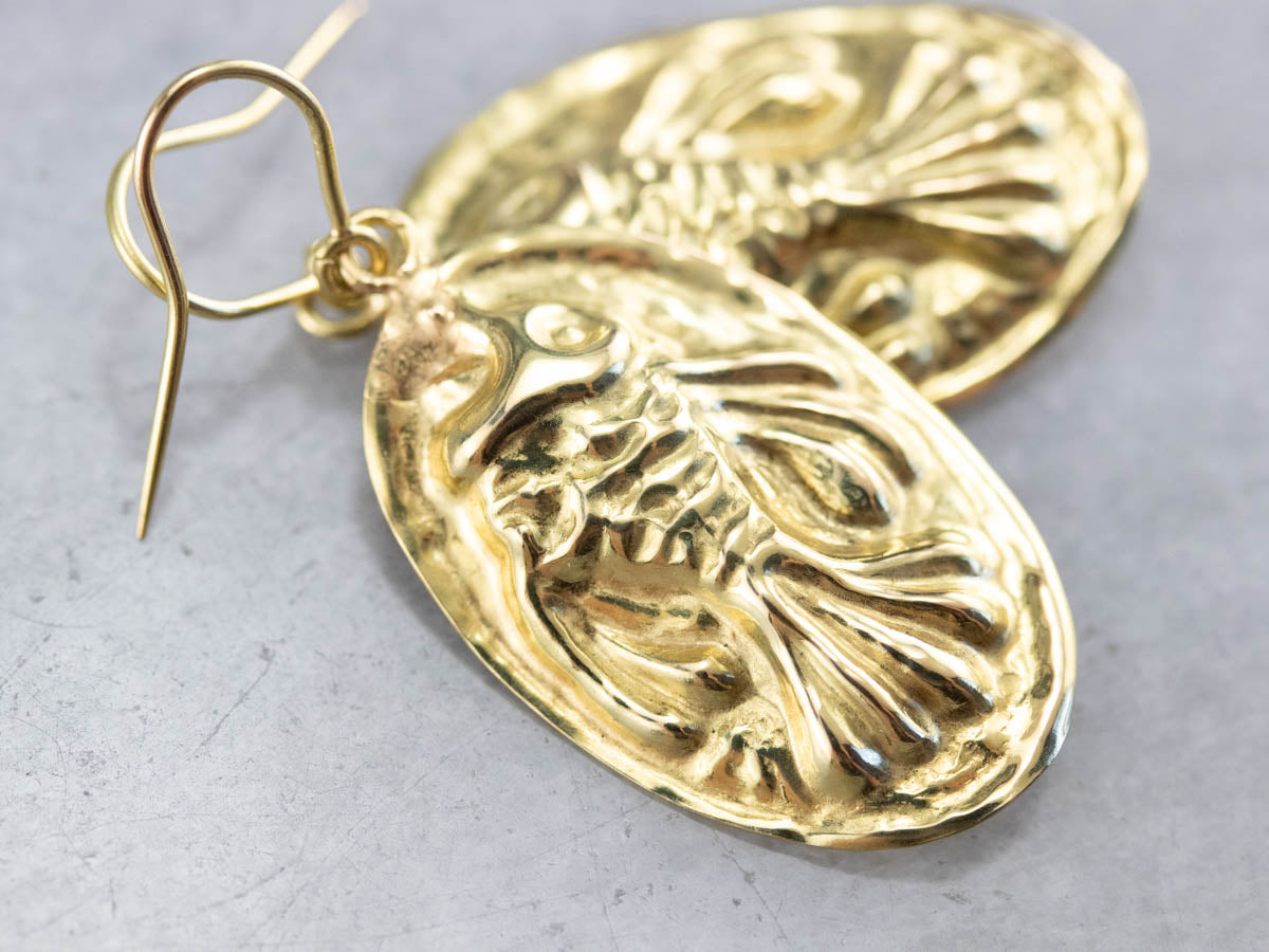 Vintage Green Gold Repousse Fish Drop Earrings