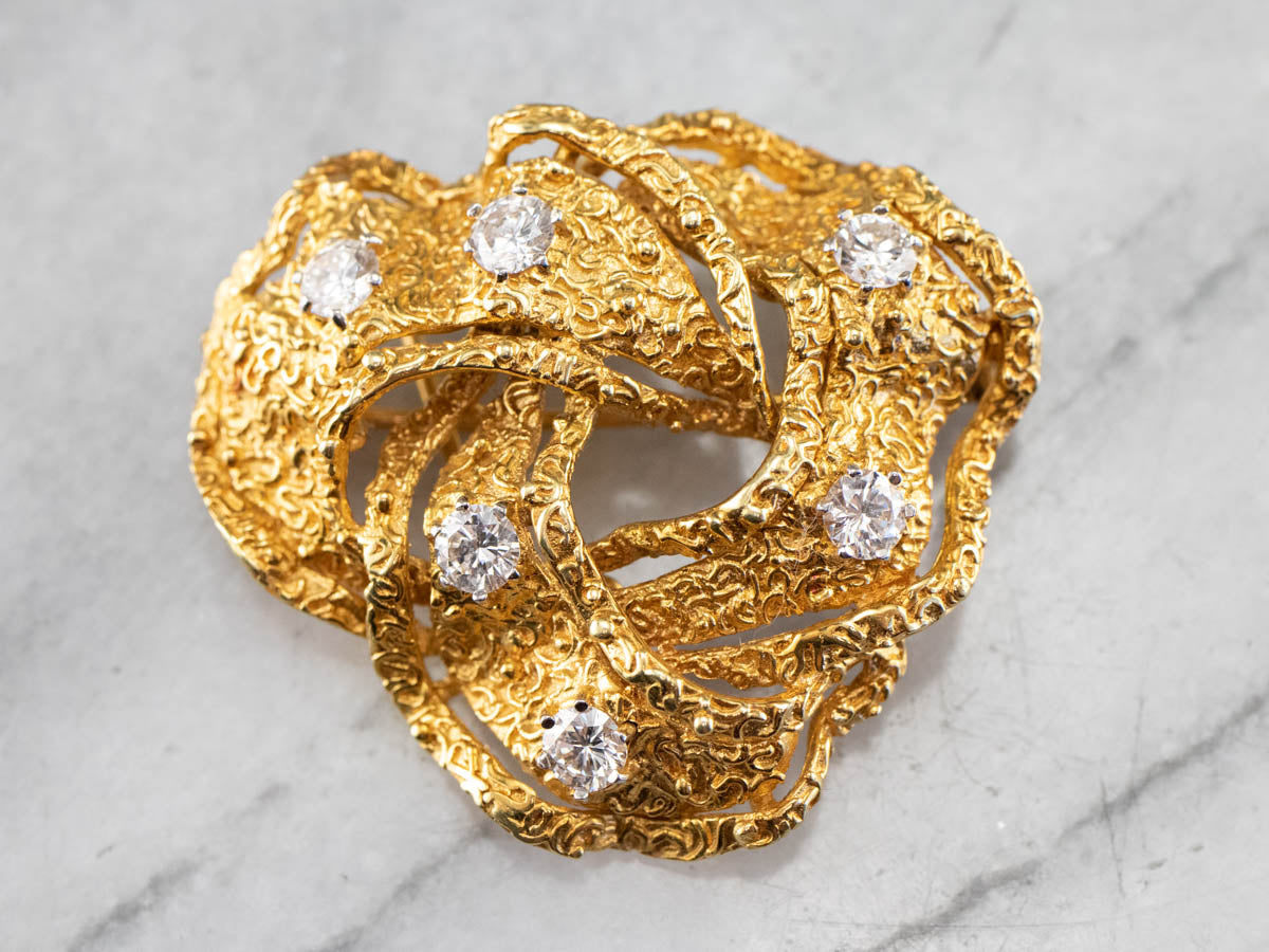 Diamond Textured Gold Knot Brooch Pendant