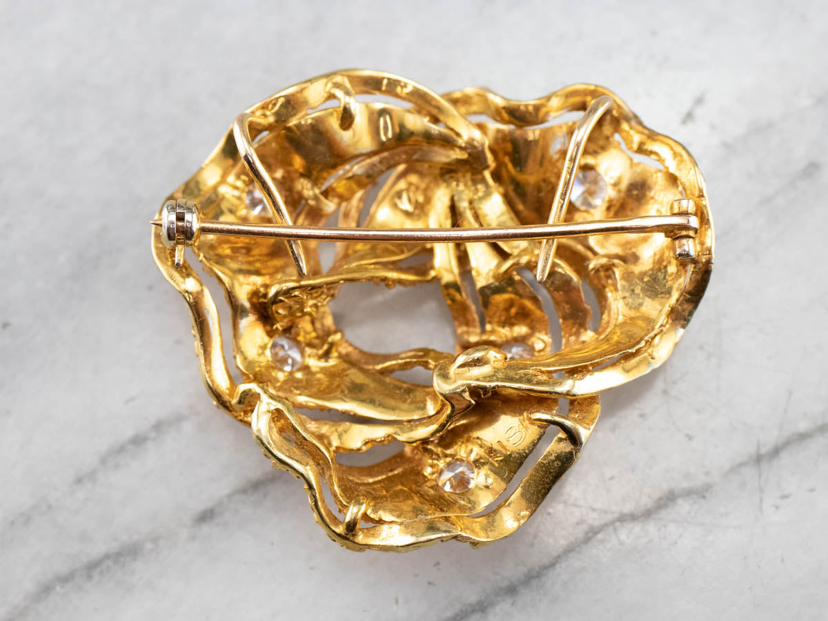 Diamond Textured Gold Knot Brooch Pendant