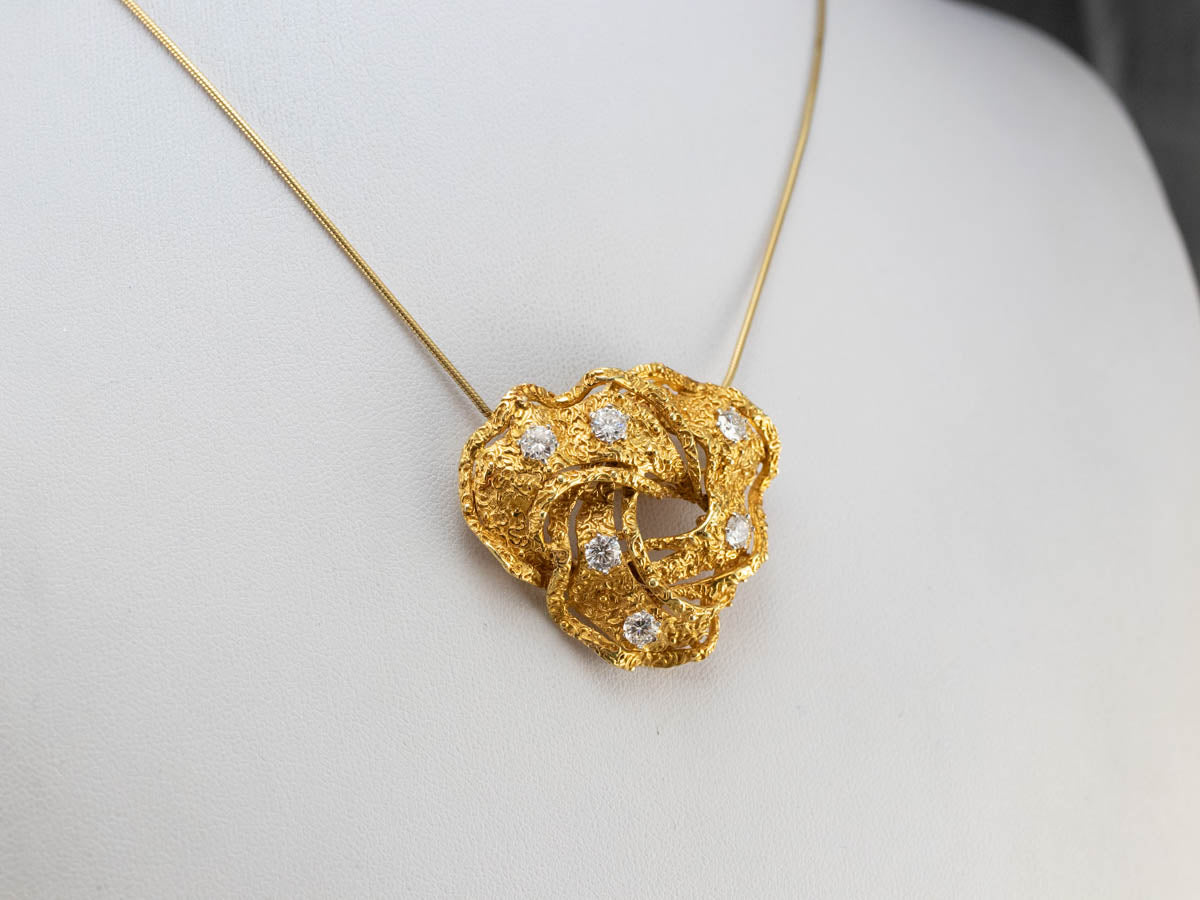 Diamond Textured Gold Knot Brooch Pendant