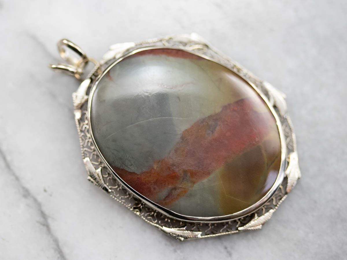 Earthy Jasper White Gold Filigree Pendant