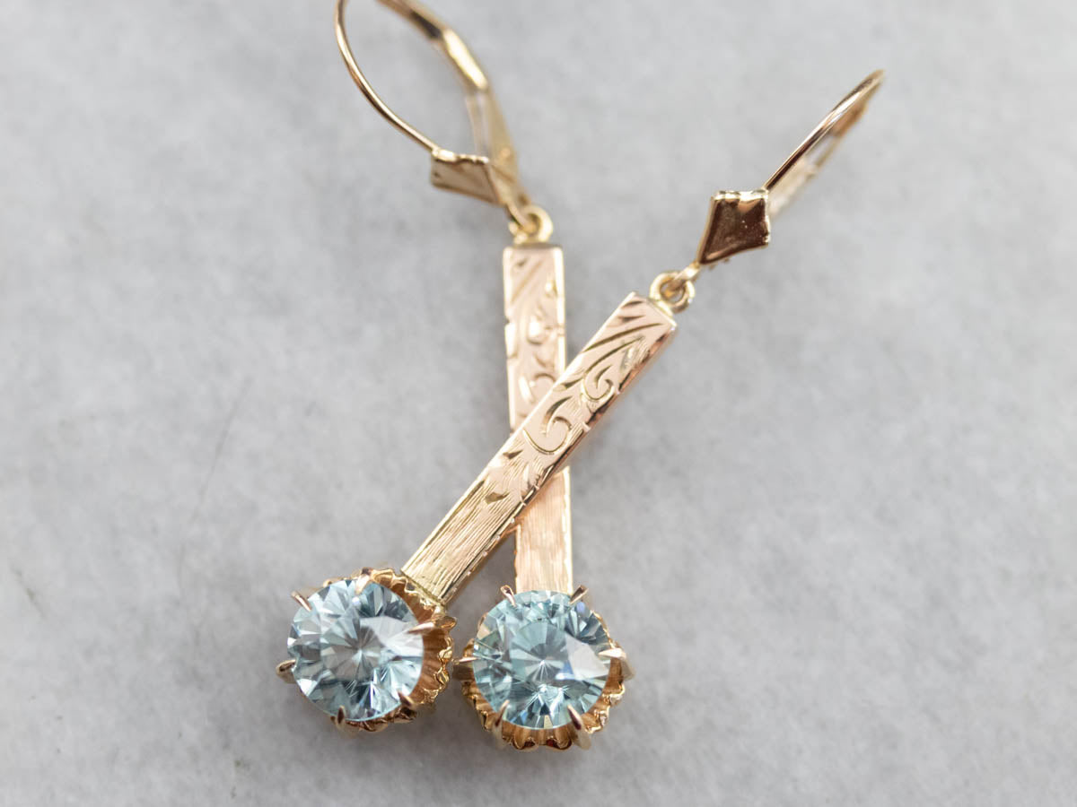 Blue Zircon Ornate Gold Bar Drop Earrings