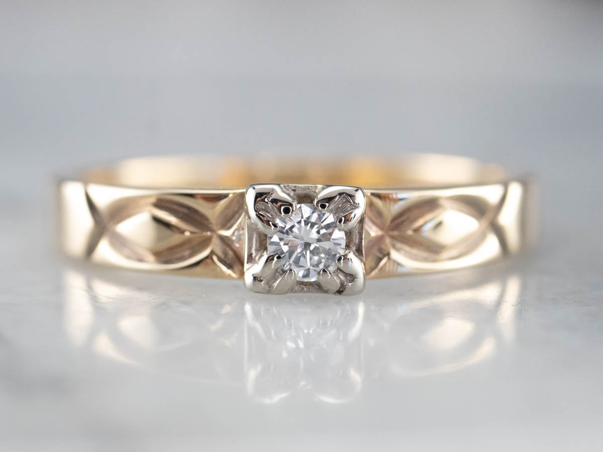 Two Tone Gold Vintage Diamond Solitaire Engagement Ring