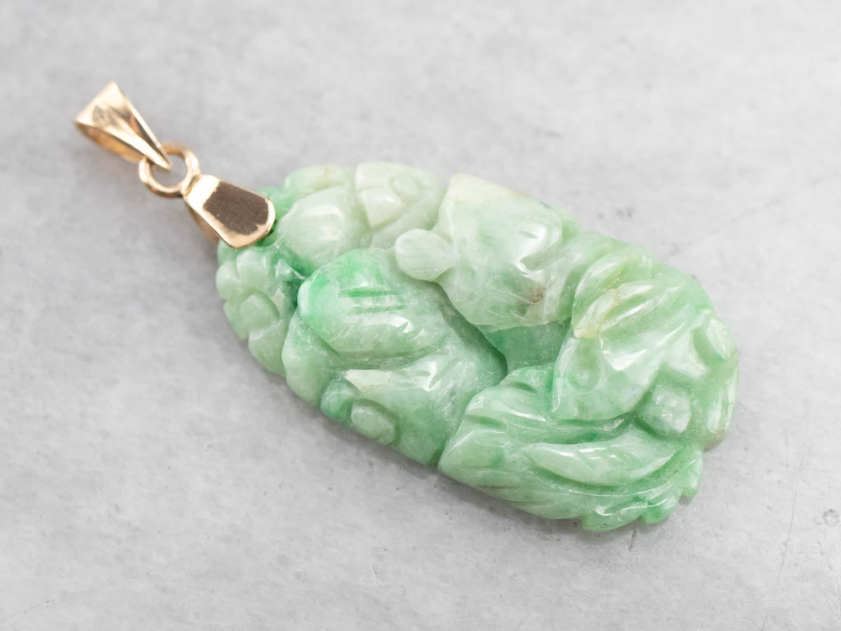 Koi Fish Botanical Carved Jade Pendant