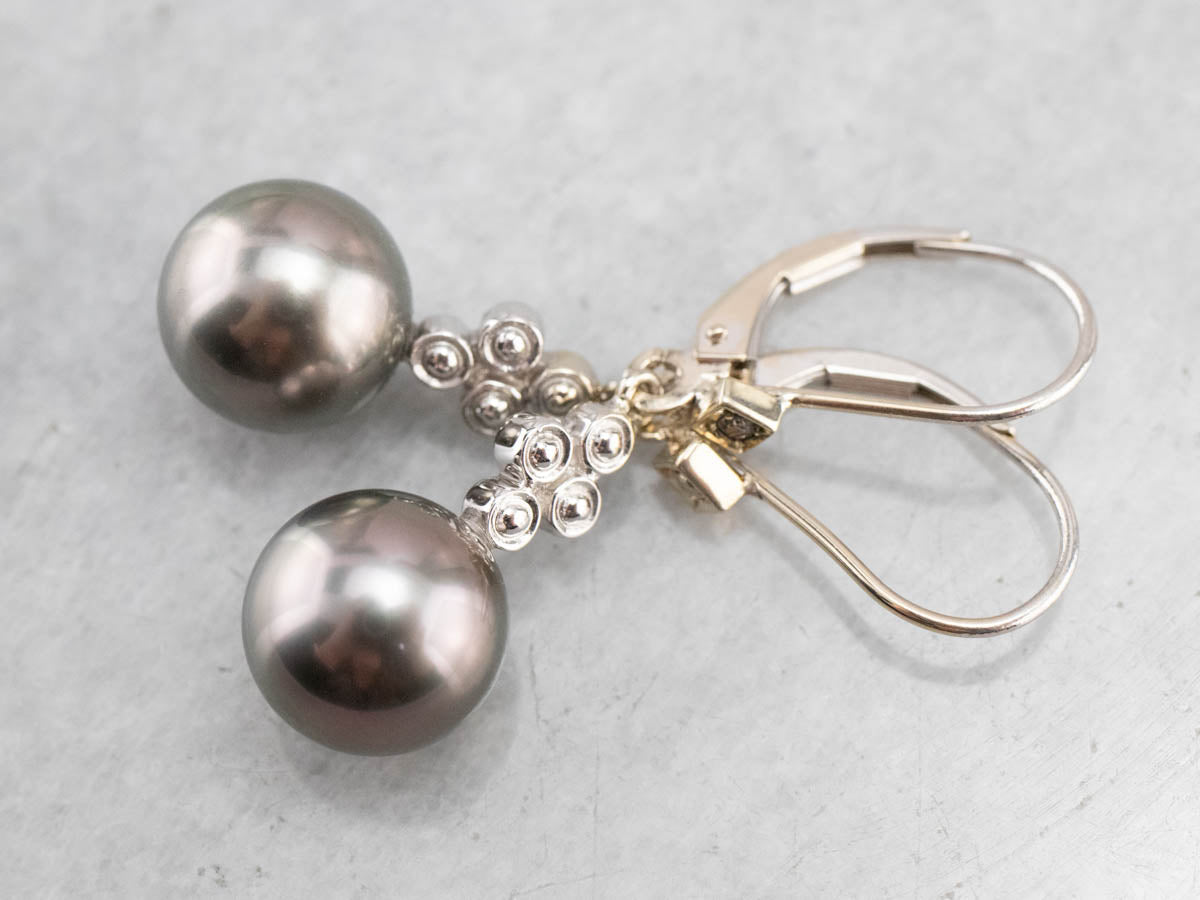 Gray Pearl and Diamond Drop Earrings