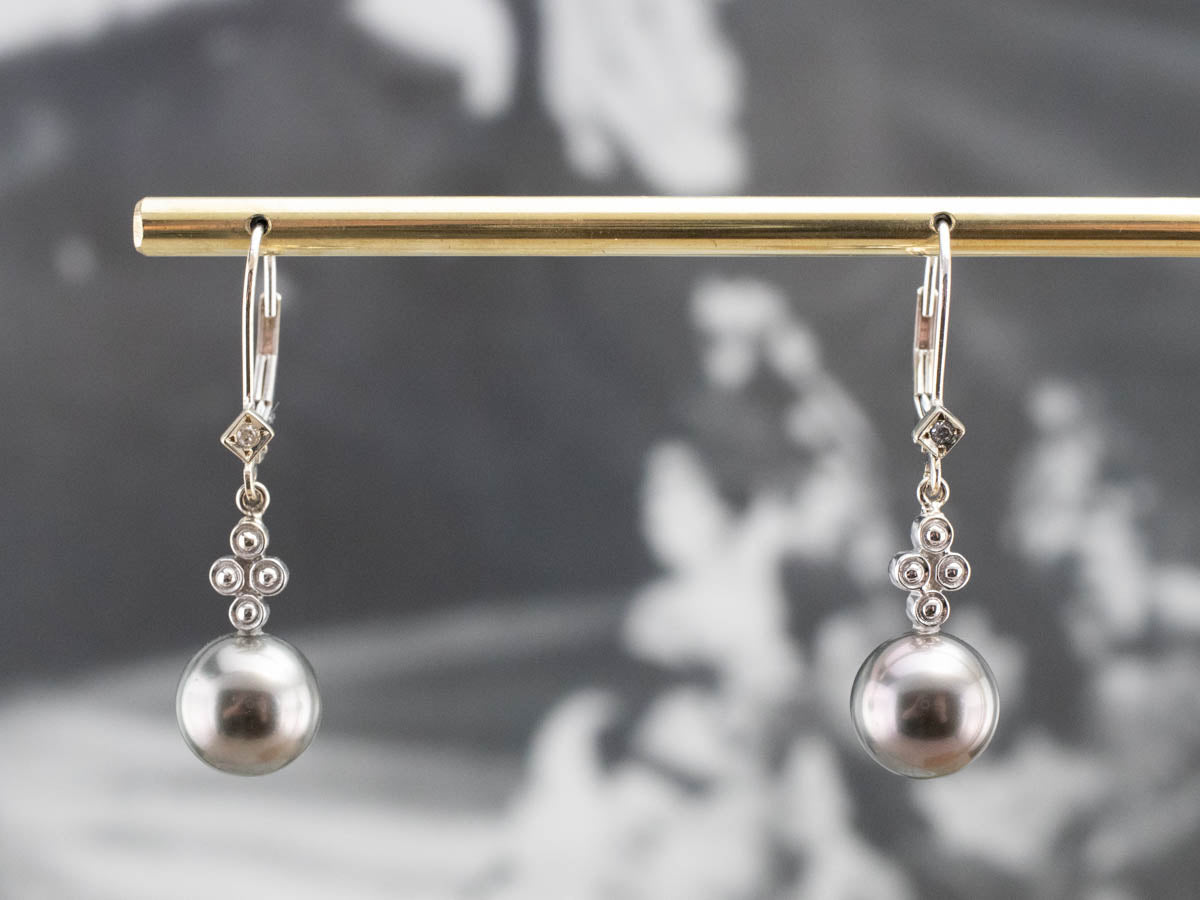 Gray Pearl and Diamond Drop Earrings