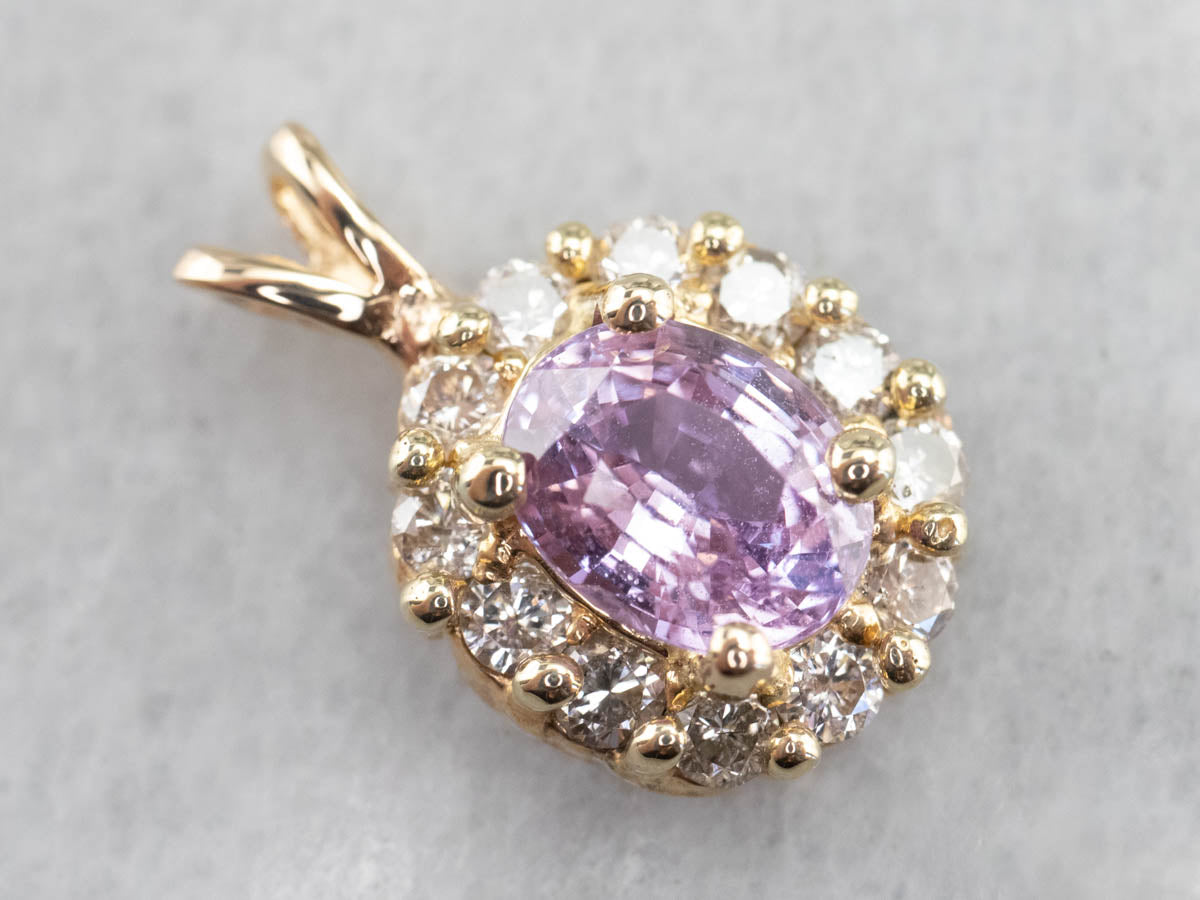 Pink Sapphire Diamond Halo Gold Pendant