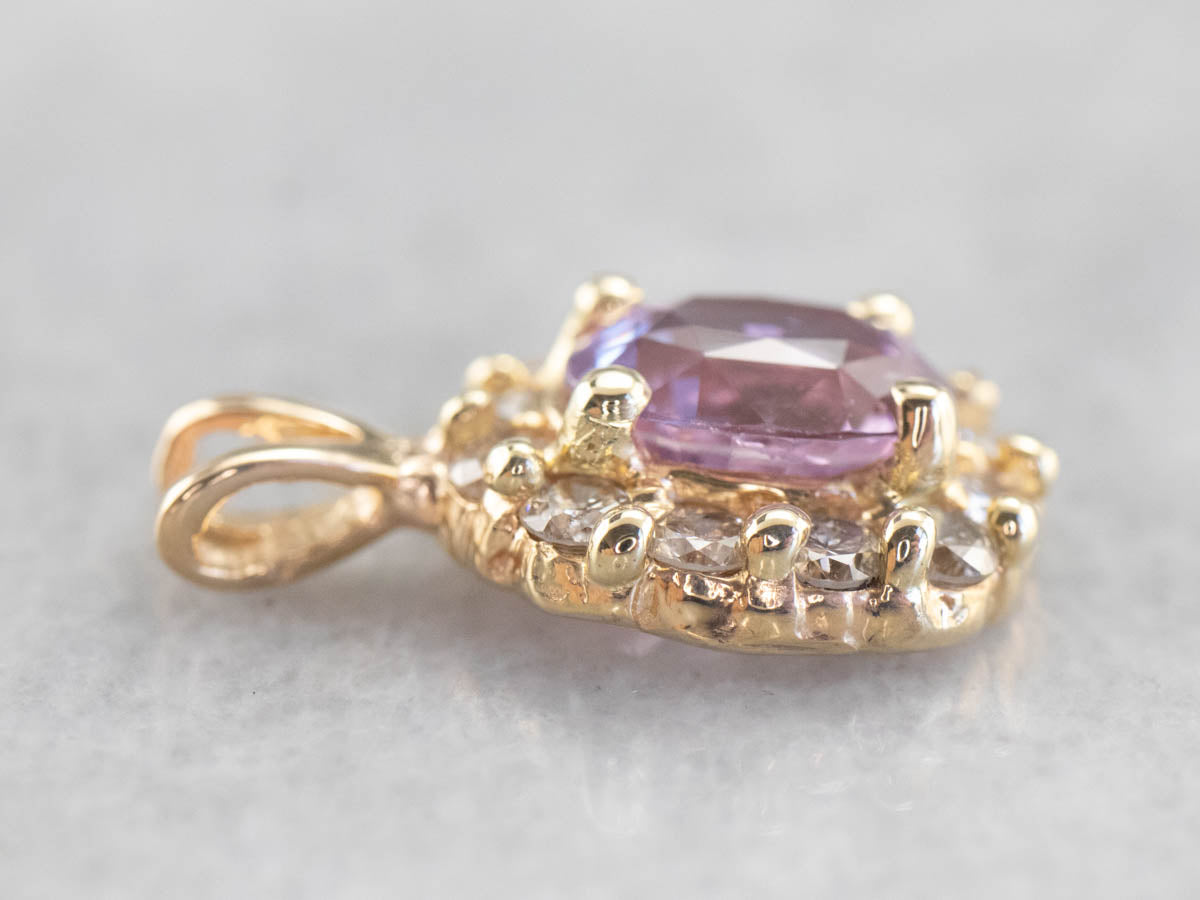 Pink Sapphire Diamond Halo Gold Pendant