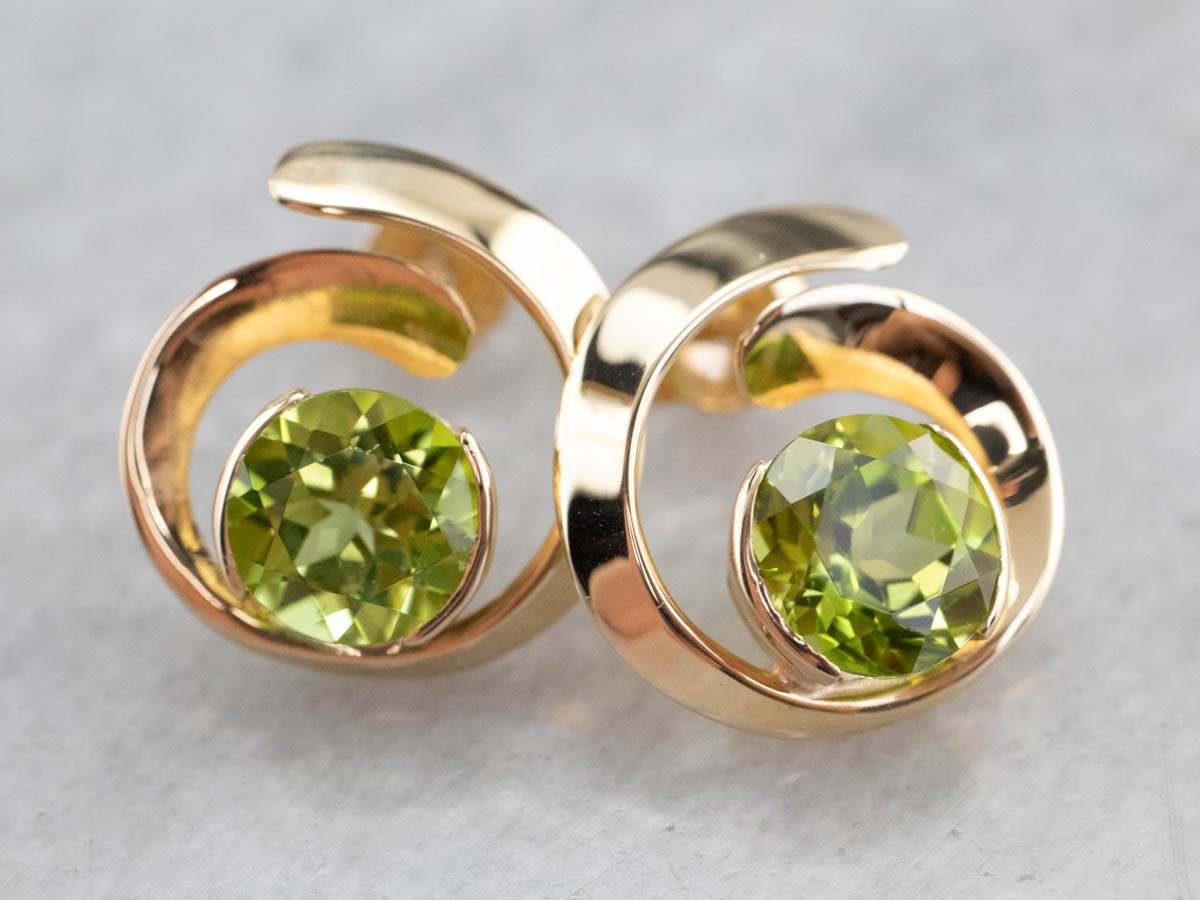 Modernist Peridot Spiral Gold Stud Earrings