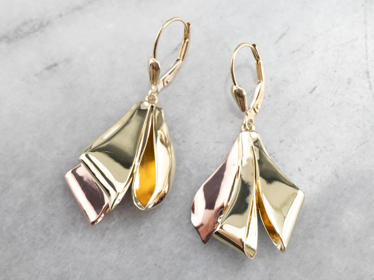 Two Tone Gold Ribbon Drop Earrings