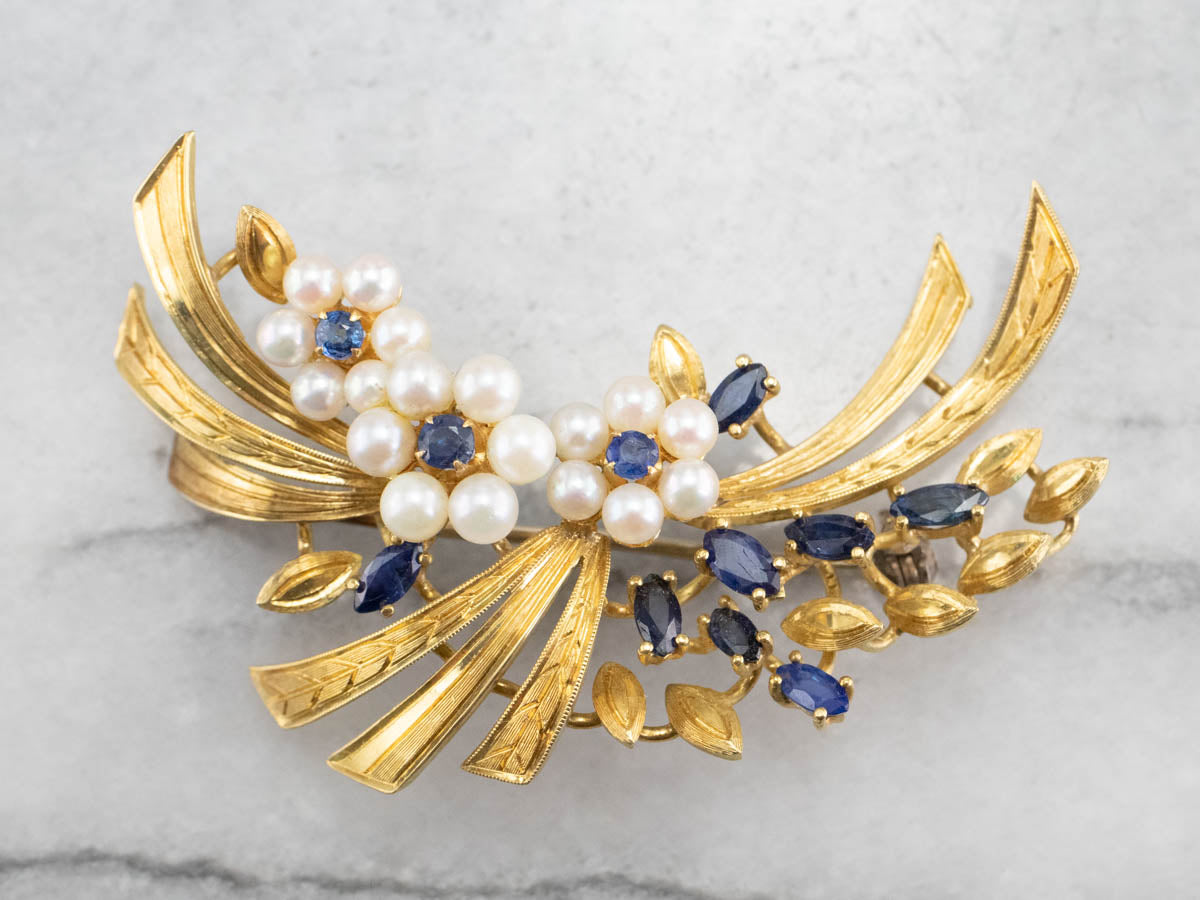 Vintage Gold Marquise Sapphire and Pearl Brooch