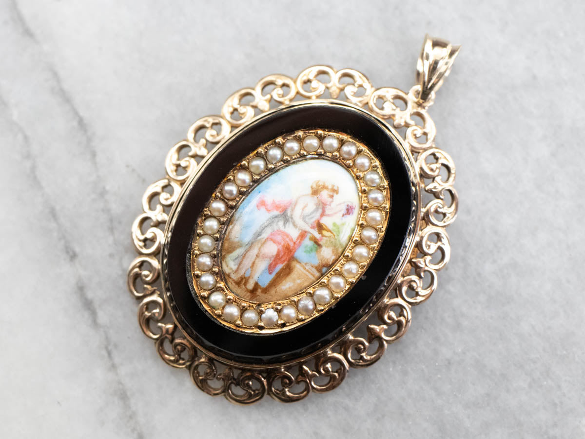 Antique Seed fashion Pearl & Enamel Filigree Pendant