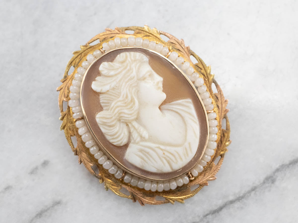 Antique Cam &amp; Co Cameo and Seed Pearl Brooch