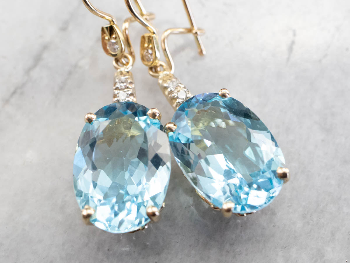 Gold Blue Topaz and Diamond Drop Earrings