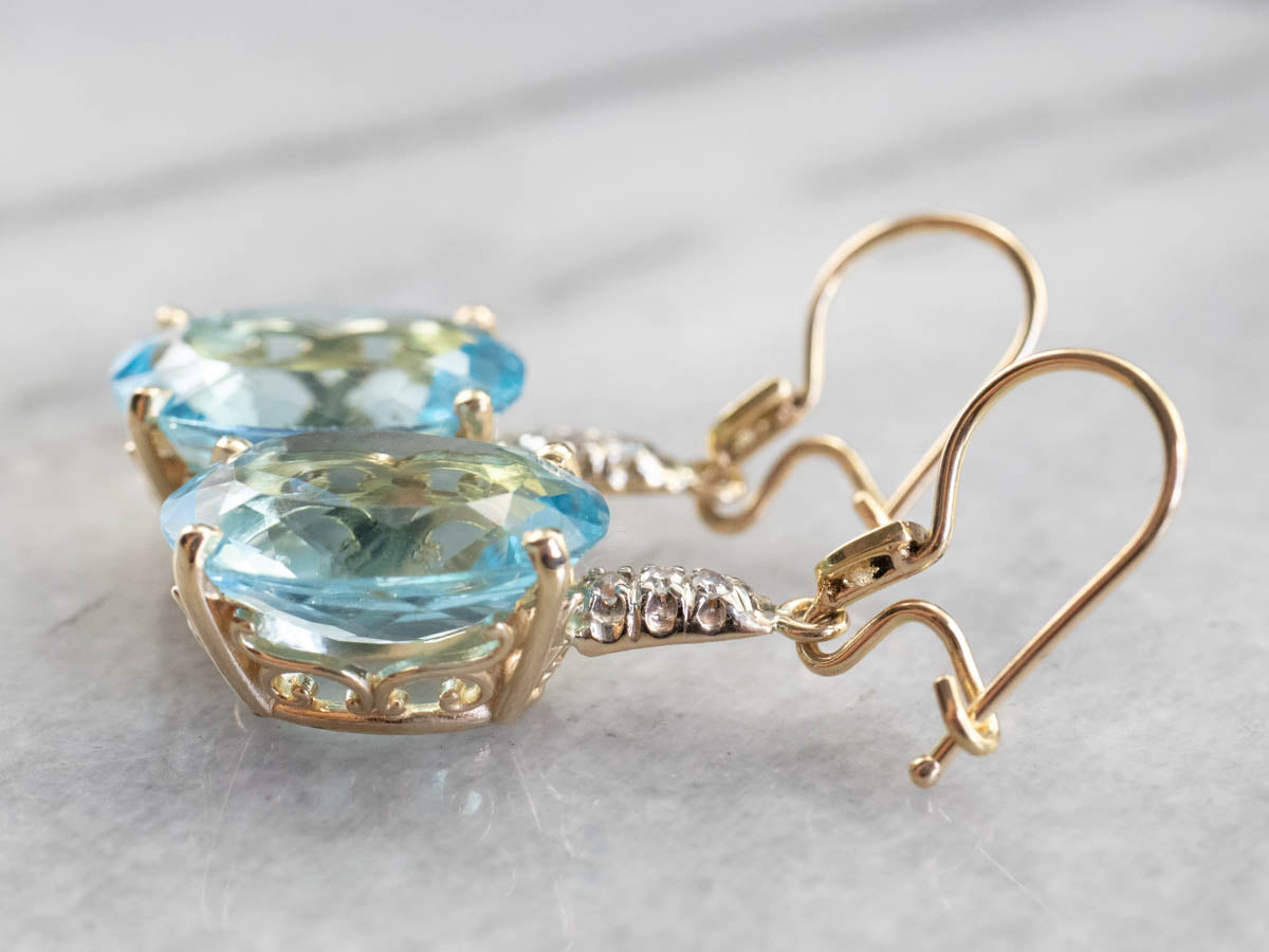 Gold Blue Topaz and Diamond Drop Earrings