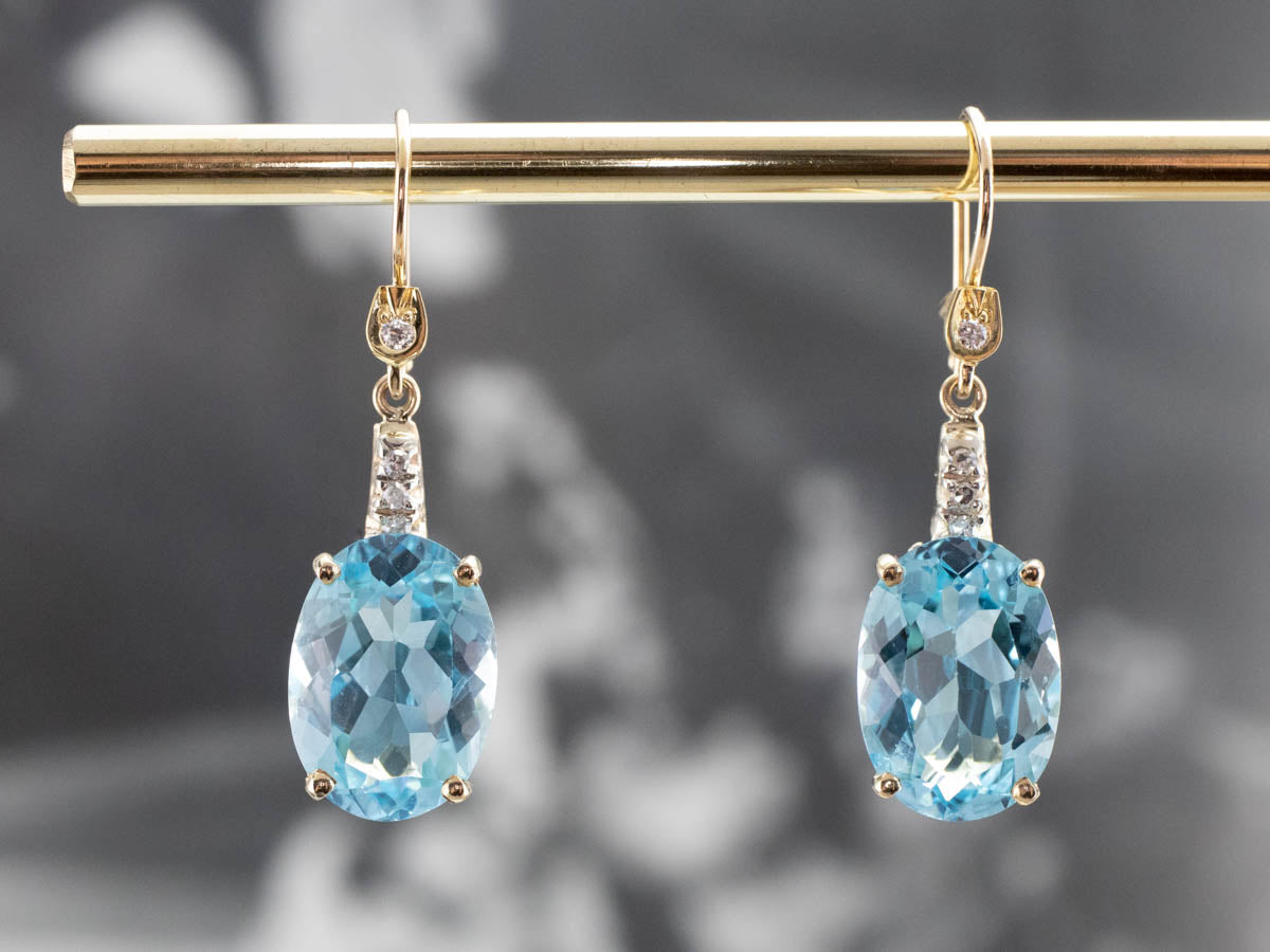 Gold Blue Topaz and Diamond Drop Earrings