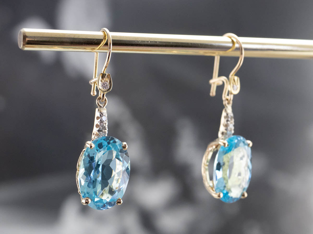 Gold Blue Topaz and Diamond Drop Earrings