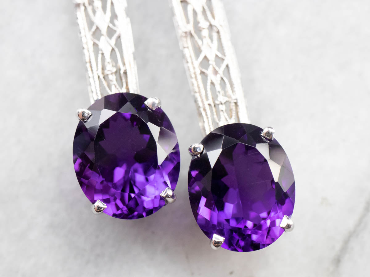 Amethyst Filigree Drop Earrings in White Gold