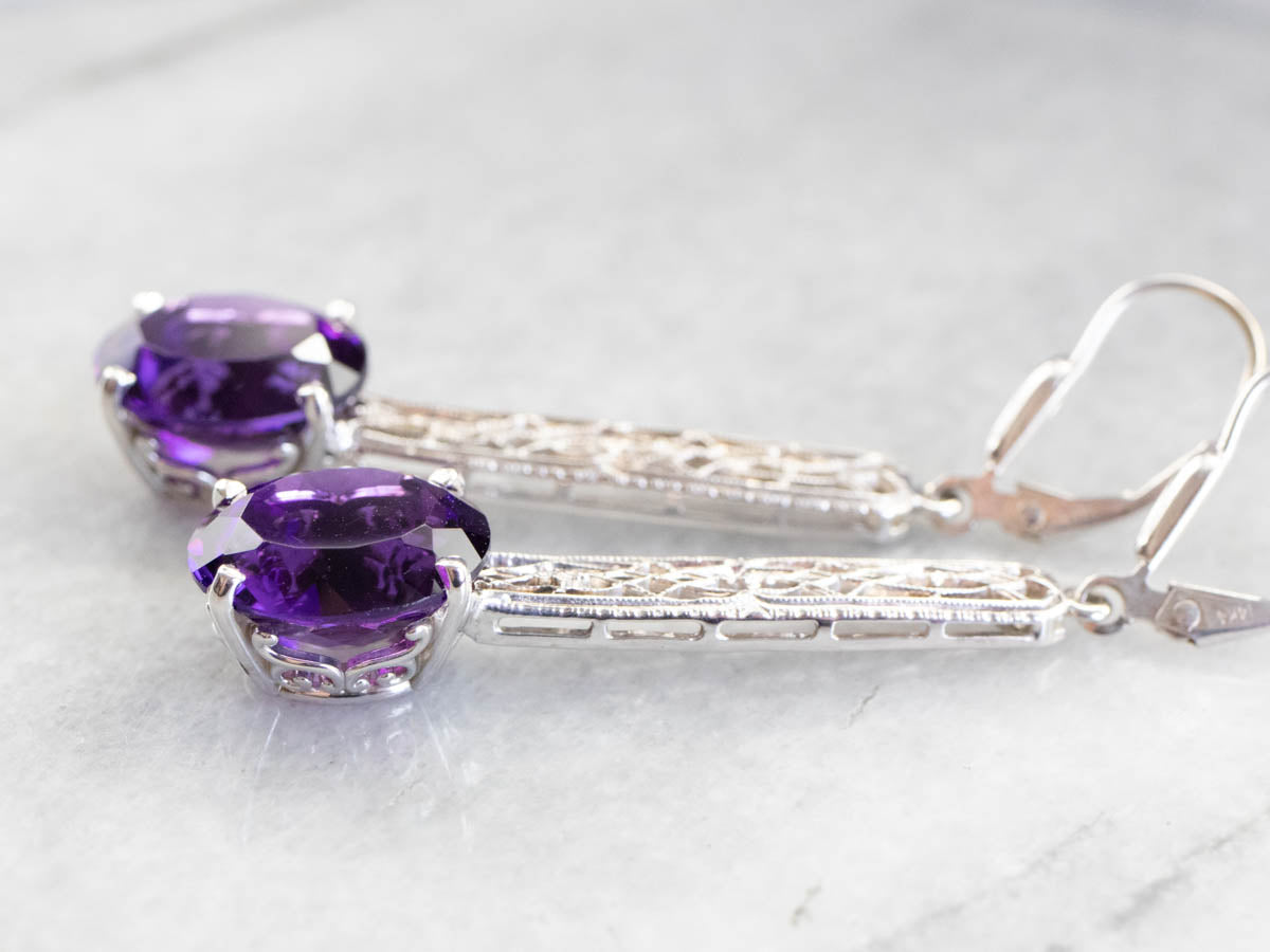 Amethyst Filigree Drop Earrings in White Gold