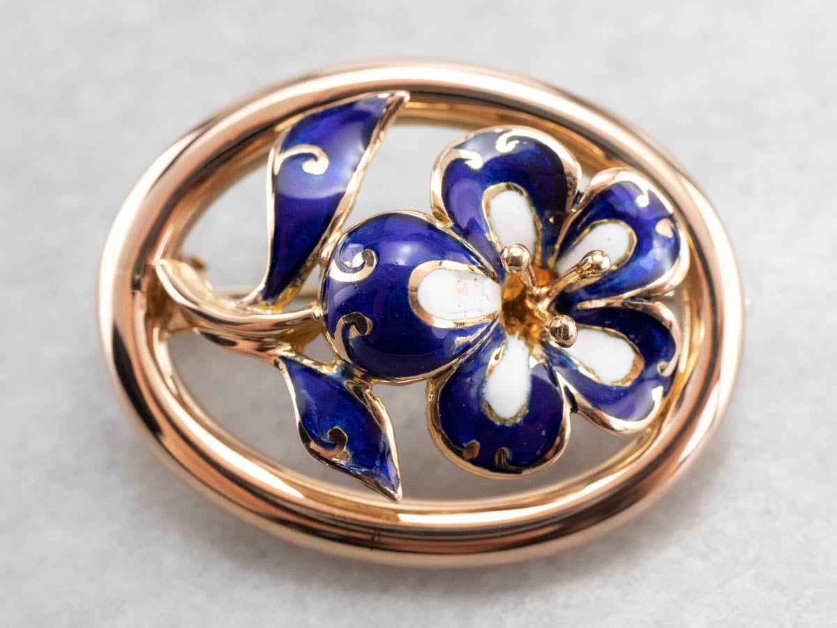 Gold Mid Century Enamel Flower Brooch