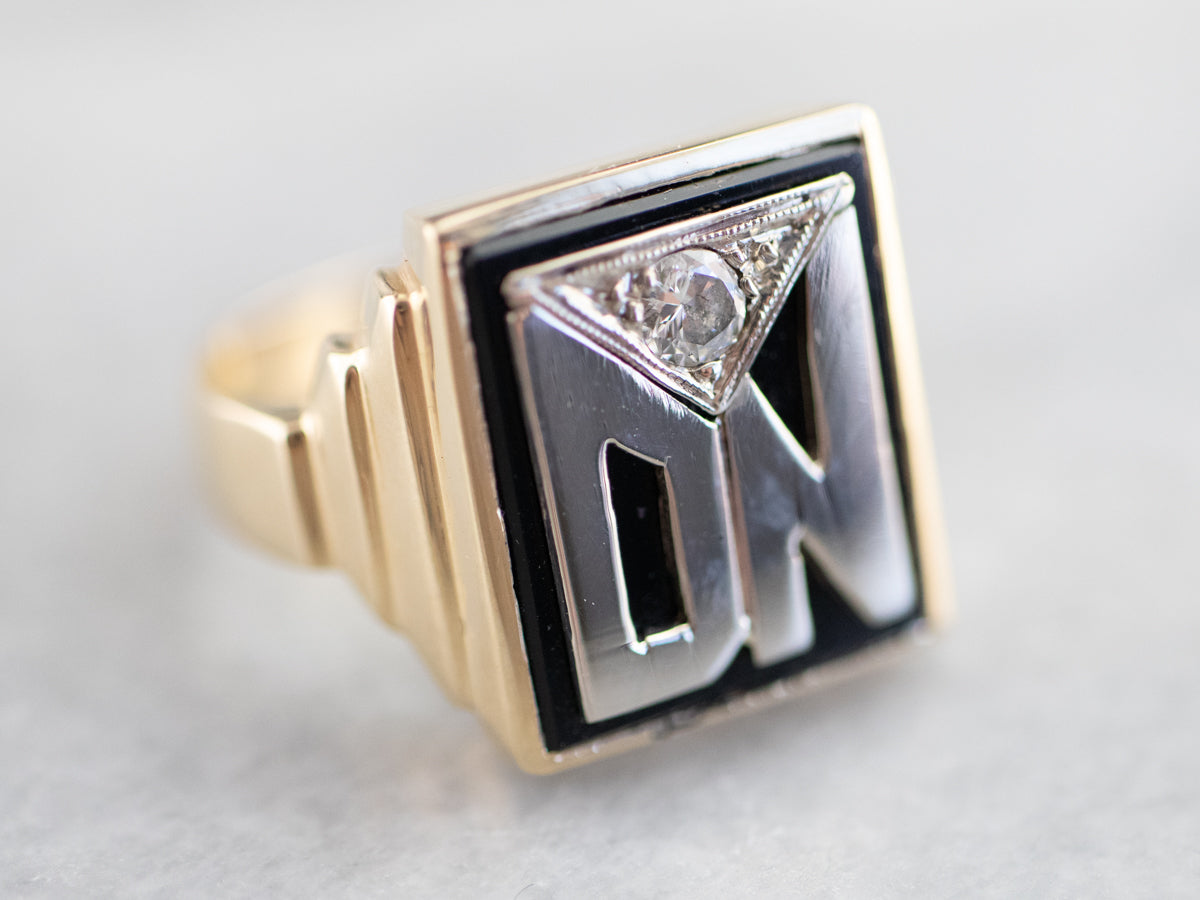 Men's Onyx and Diamond Retro "DN" Signet Ring,