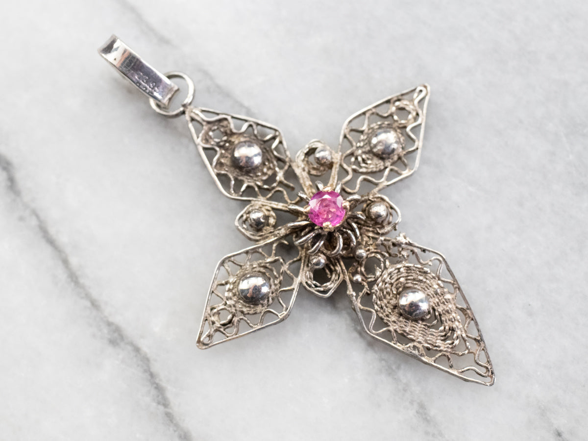 Silver and Gold Pink Sapphire Filigree Cross