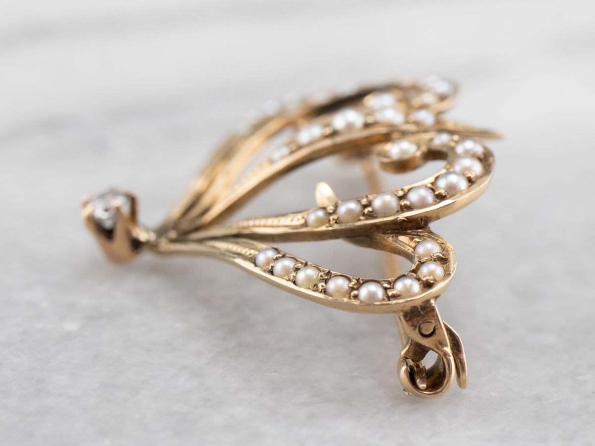 Antique Diamond and Seed Pearl Brooch