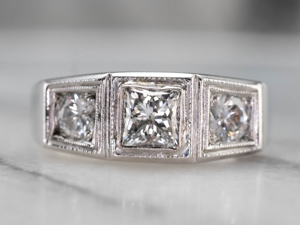 Three Stone Retro Era Diamond Engagement Ring