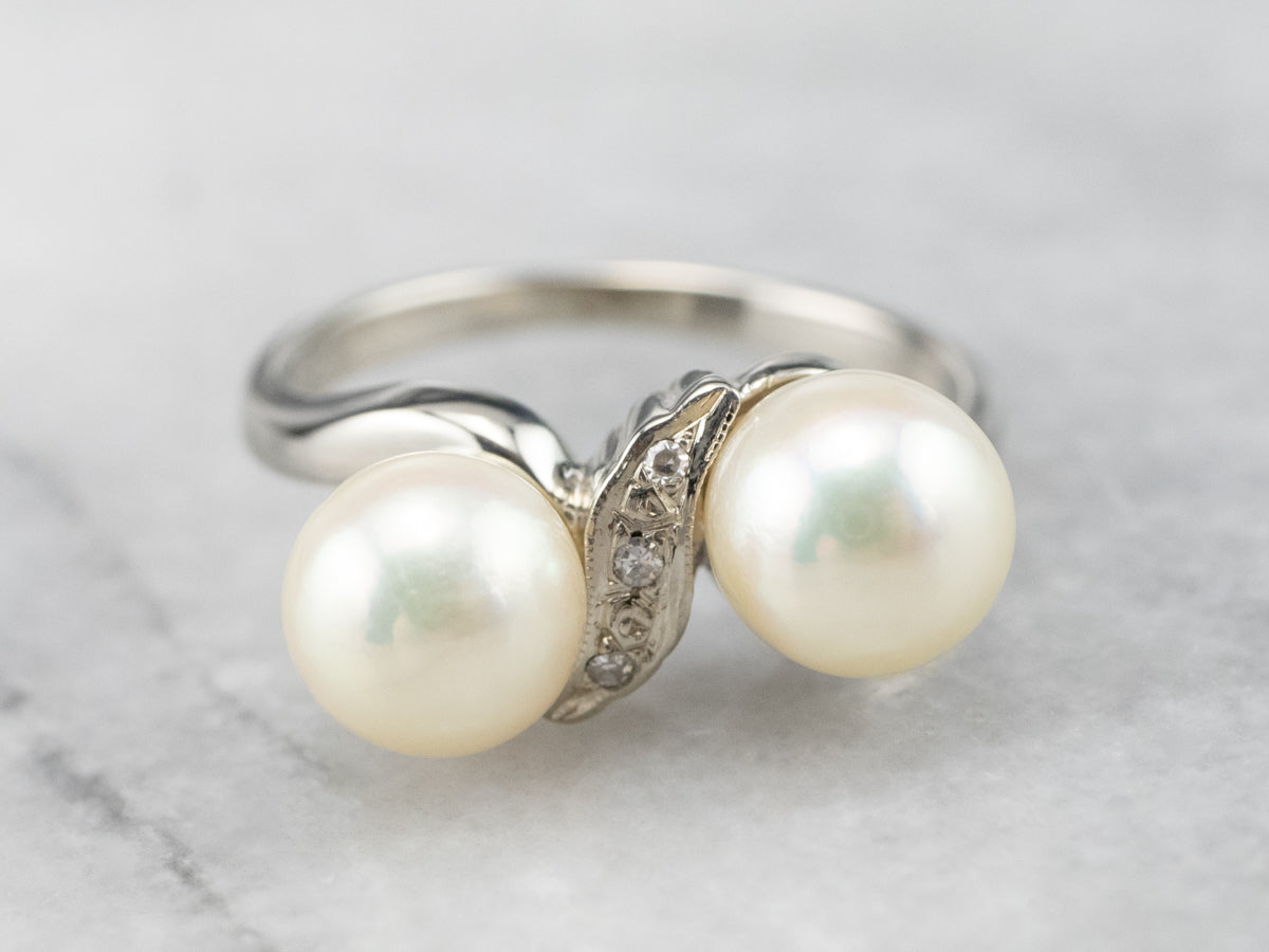 Retro Era Pearl and Diamond Bypass Ring