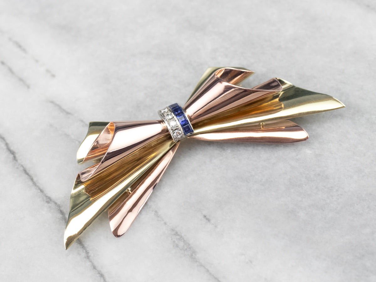 Sapphire Diamond Two Tone Gold Bow Brooch