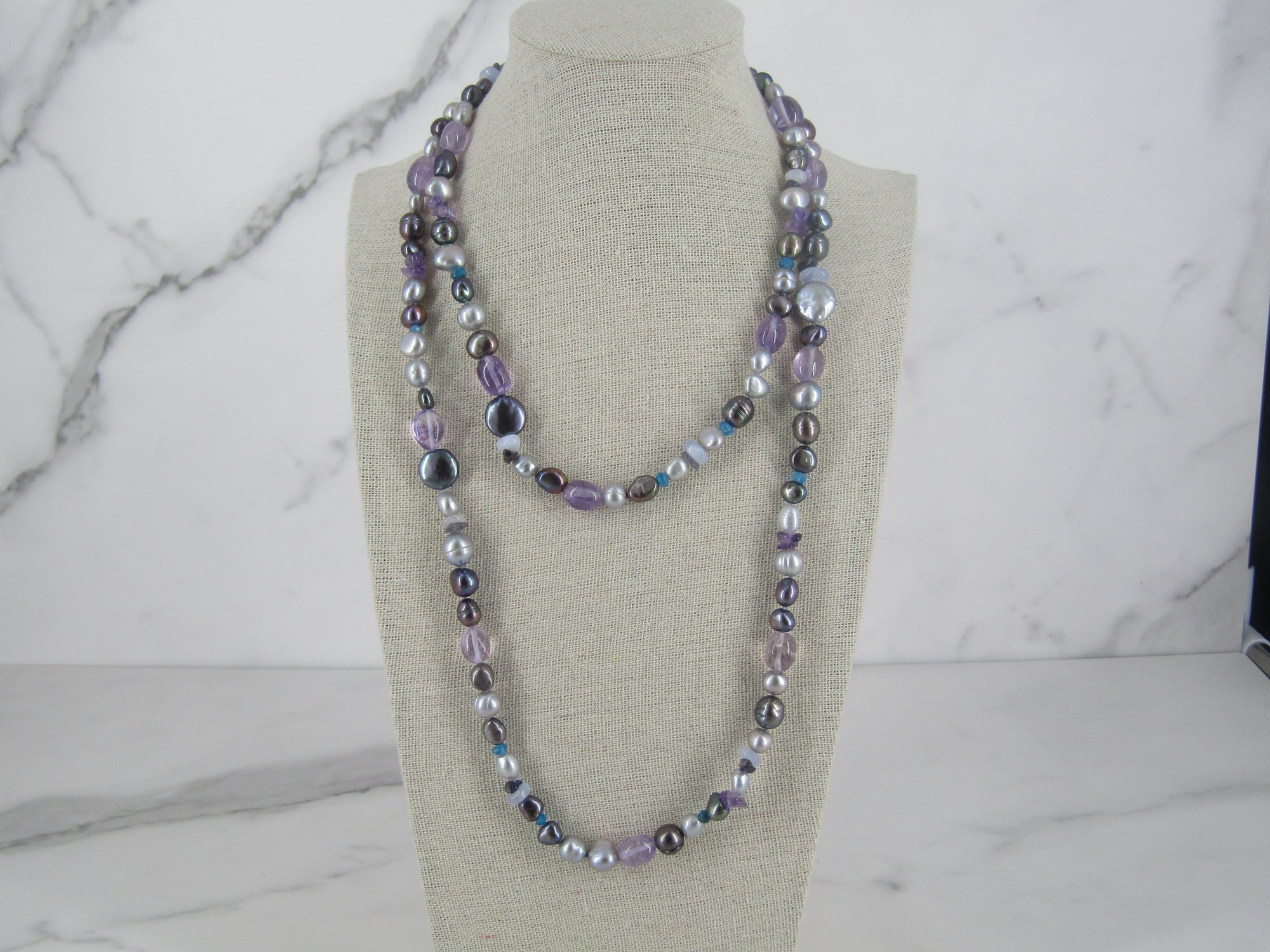 Necklace With Grey Pearls And Amethyst Beads