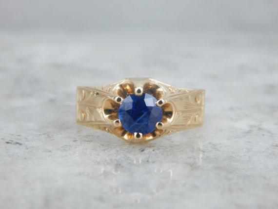 Victorian Carved Setting Blue Sapphire Ring