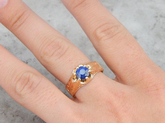 Victorian Carved Setting Blue Sapphire Ring