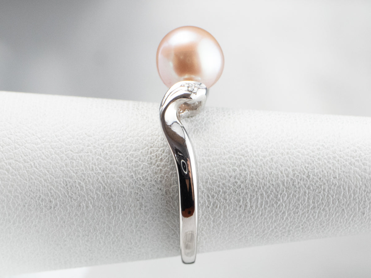 Light Pink Pearl Ring w/ Diamond Accents 18K White Gold