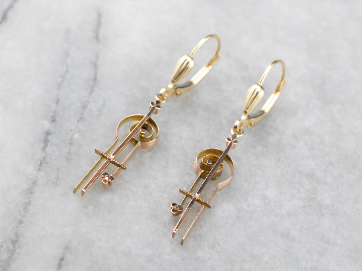 Scrolling Two Tone Gold Drop Earrings