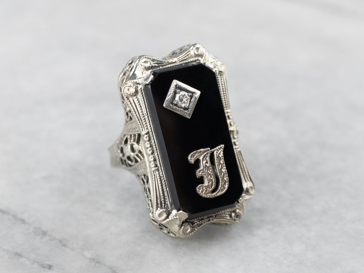 Deco Black Onyx and Diamond &quot;J&quot; Initial Ring