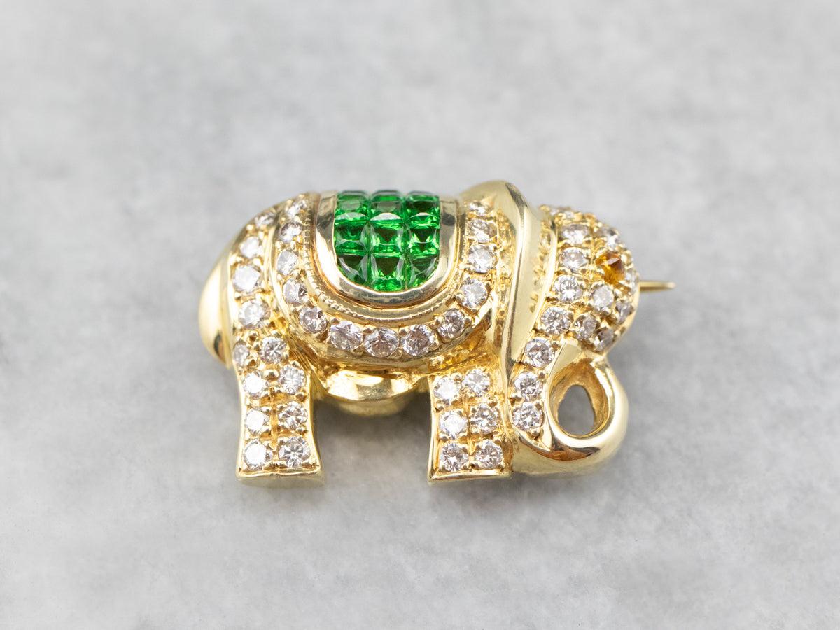 Diamond Tsavorite Garnet Gold Elephant Brooch