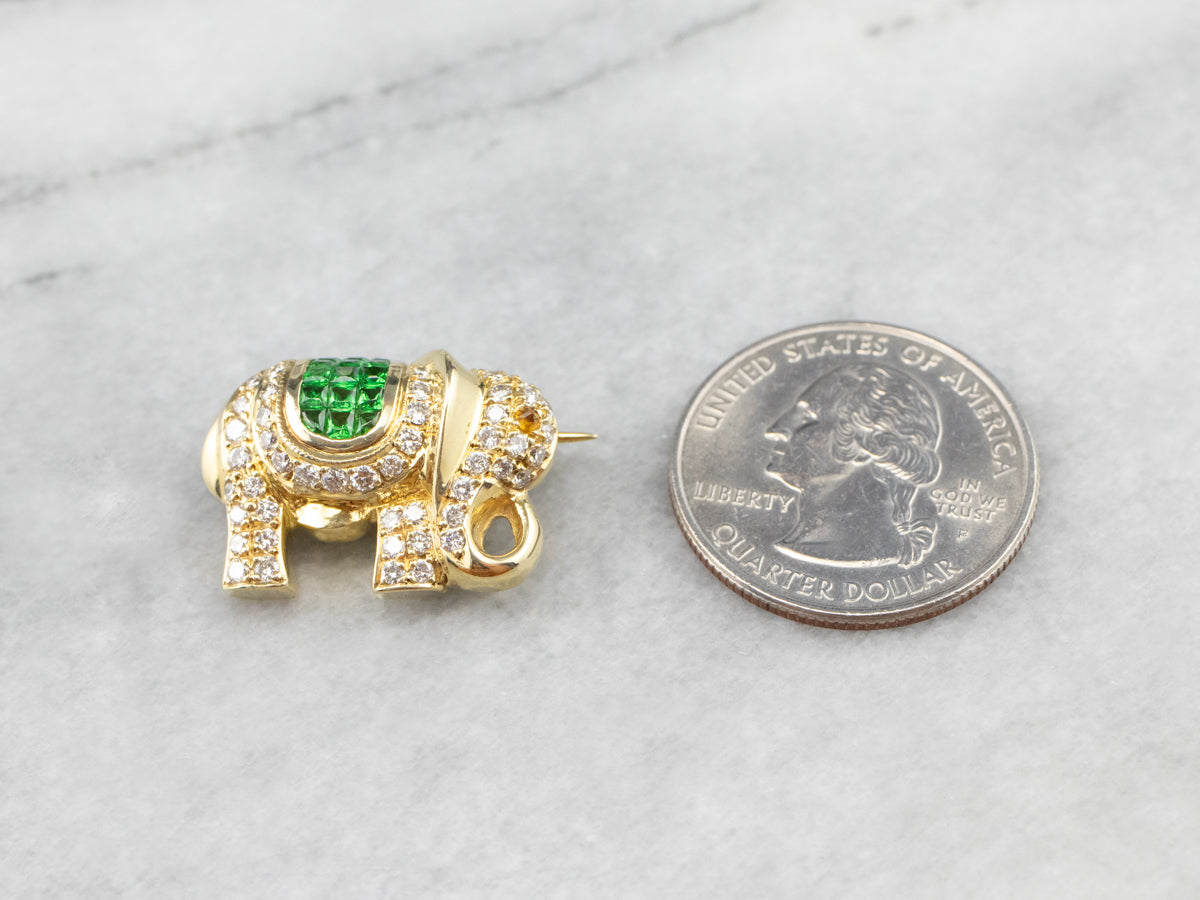 Diamond Tsavorite Garnet Gold Elephant Brooch