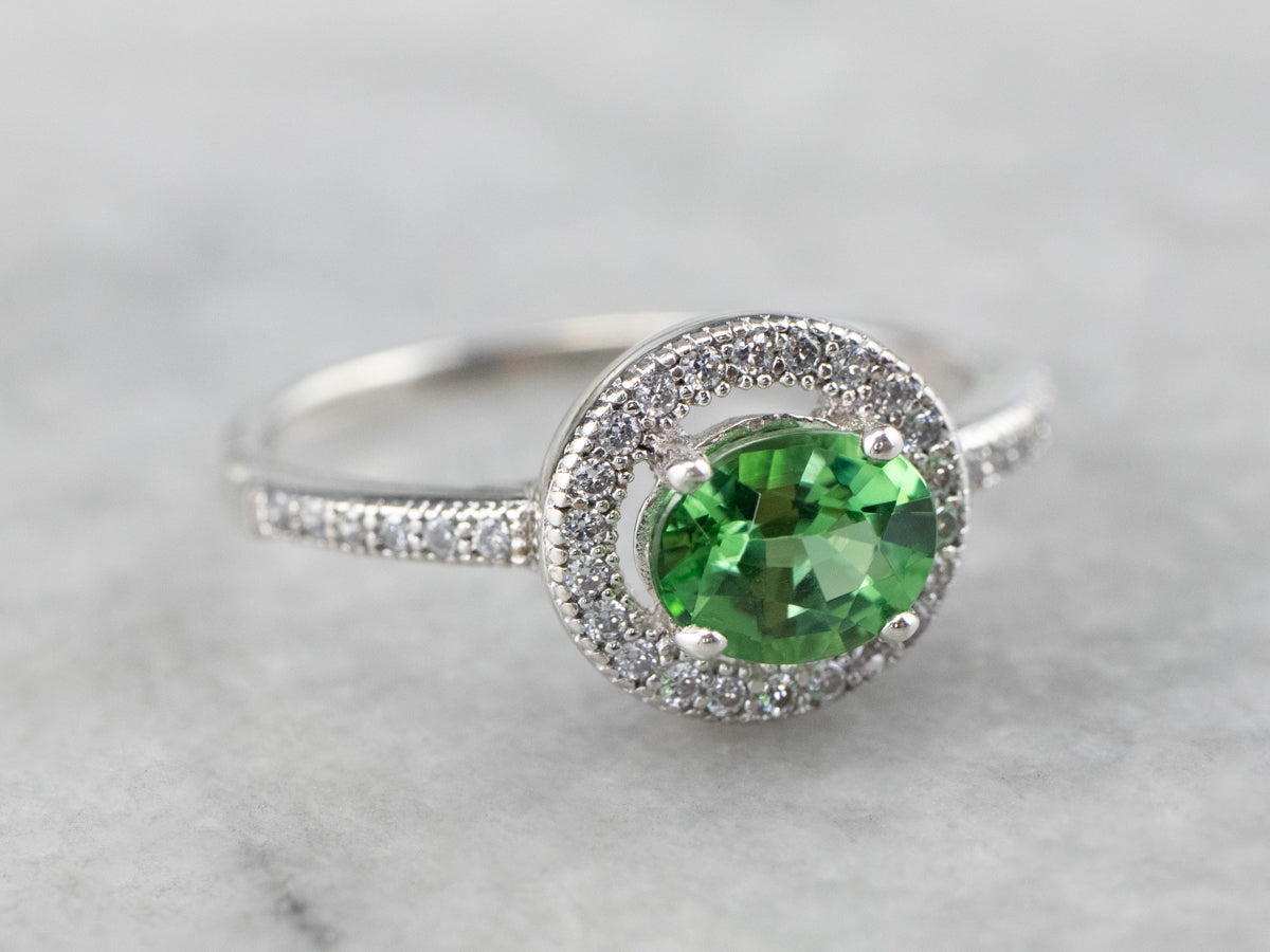 Sterling Silver Tsavorite Garnet and Cubic Zirconia Ring