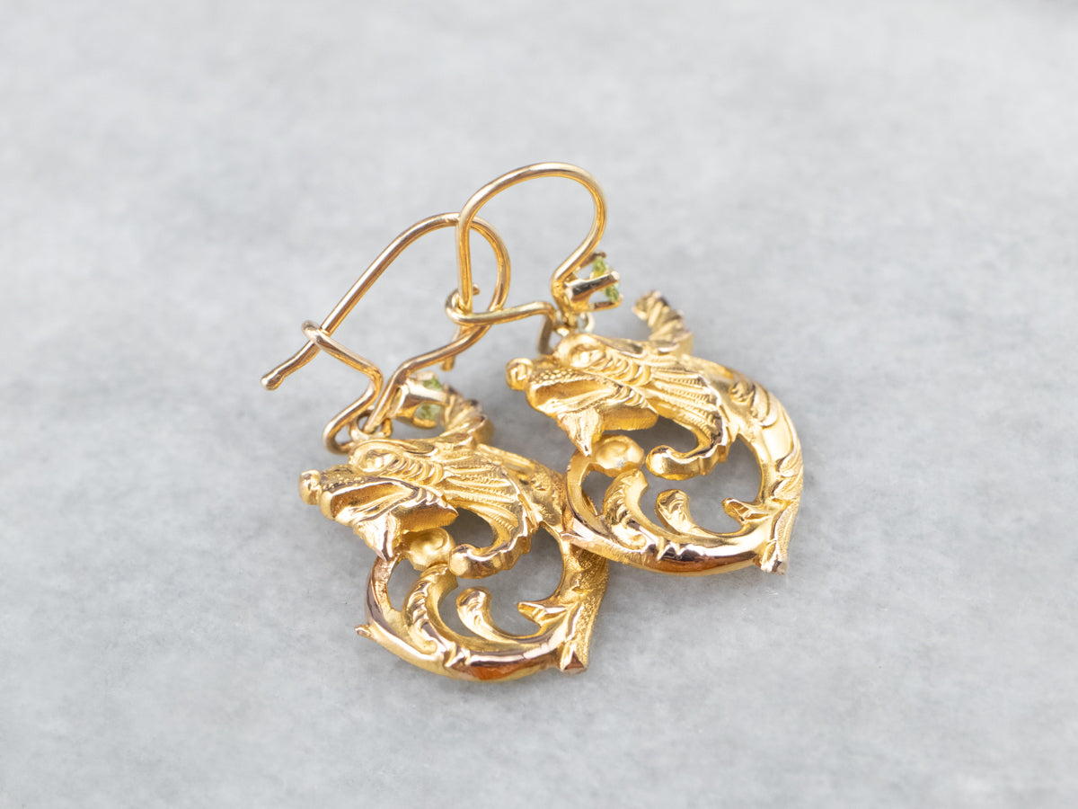 Peridot Scrolling Gold Dragon Drop Earrings