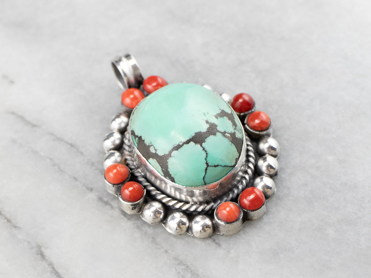 Turquoise Coral Sterling Silver Statement Pendant