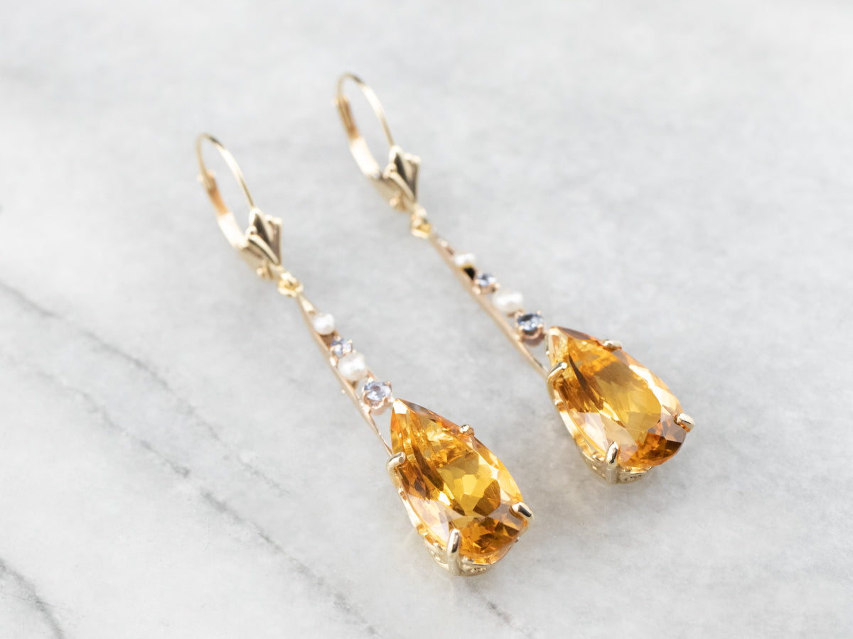 Pear Cut Citrine Gold Bar Drop Earrings