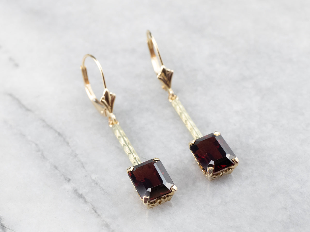 Emerald Cut Garnet Gold Bar Drop Earrings