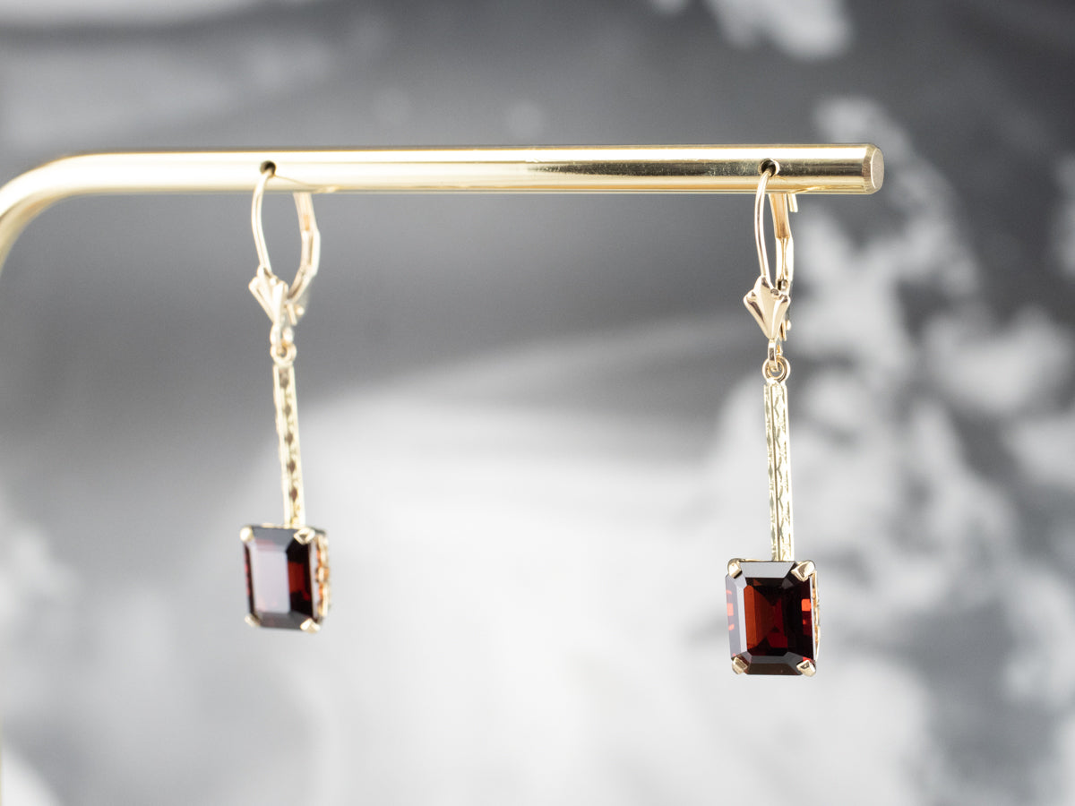 Emerald Cut Garnet Gold Bar Drop Earrings