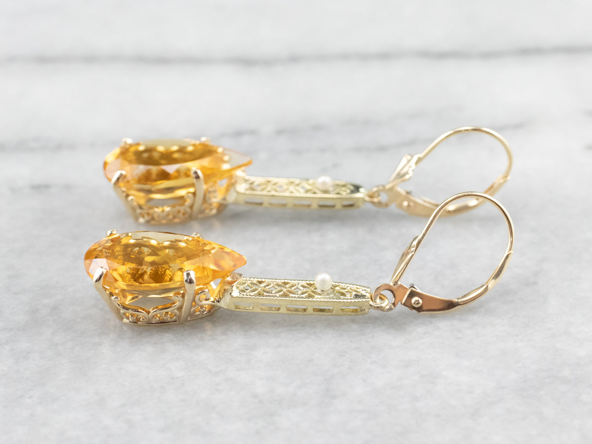 Pear Cut Citrine Gold Filigree Bar Drop Earrings