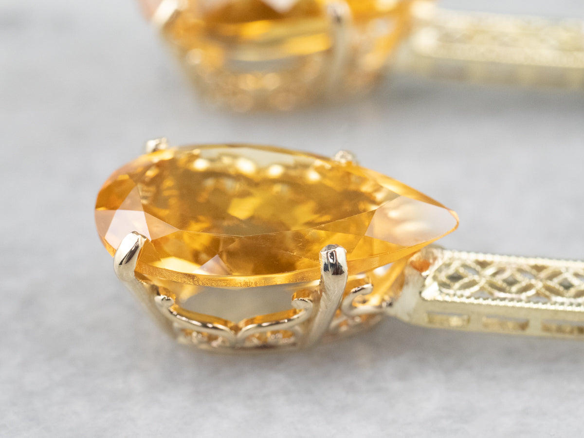 Pear Cut Citrine Gold Filigree Bar Drop Earrings