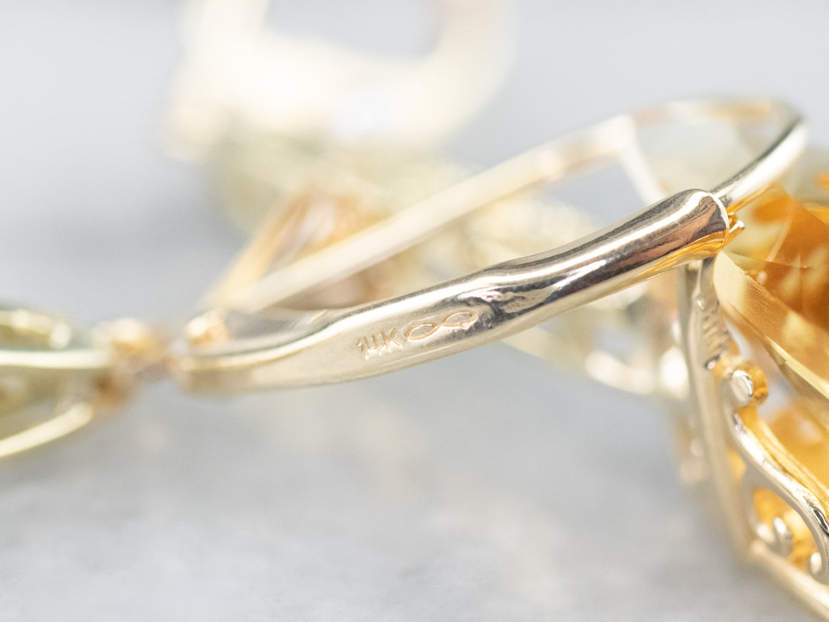 Pear Cut Citrine Gold Filigree Bar Drop Earrings