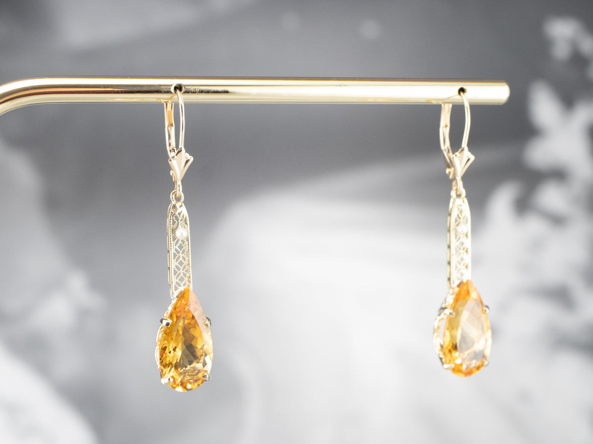 Pear Cut Citrine Gold Filigree Bar Drop Earrings