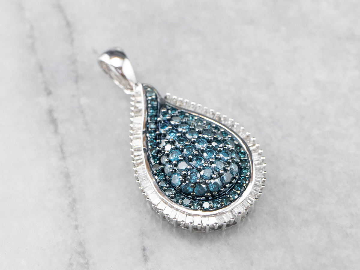 Blue Enhanced Diamond Pave White Gold Teardrop Pendant